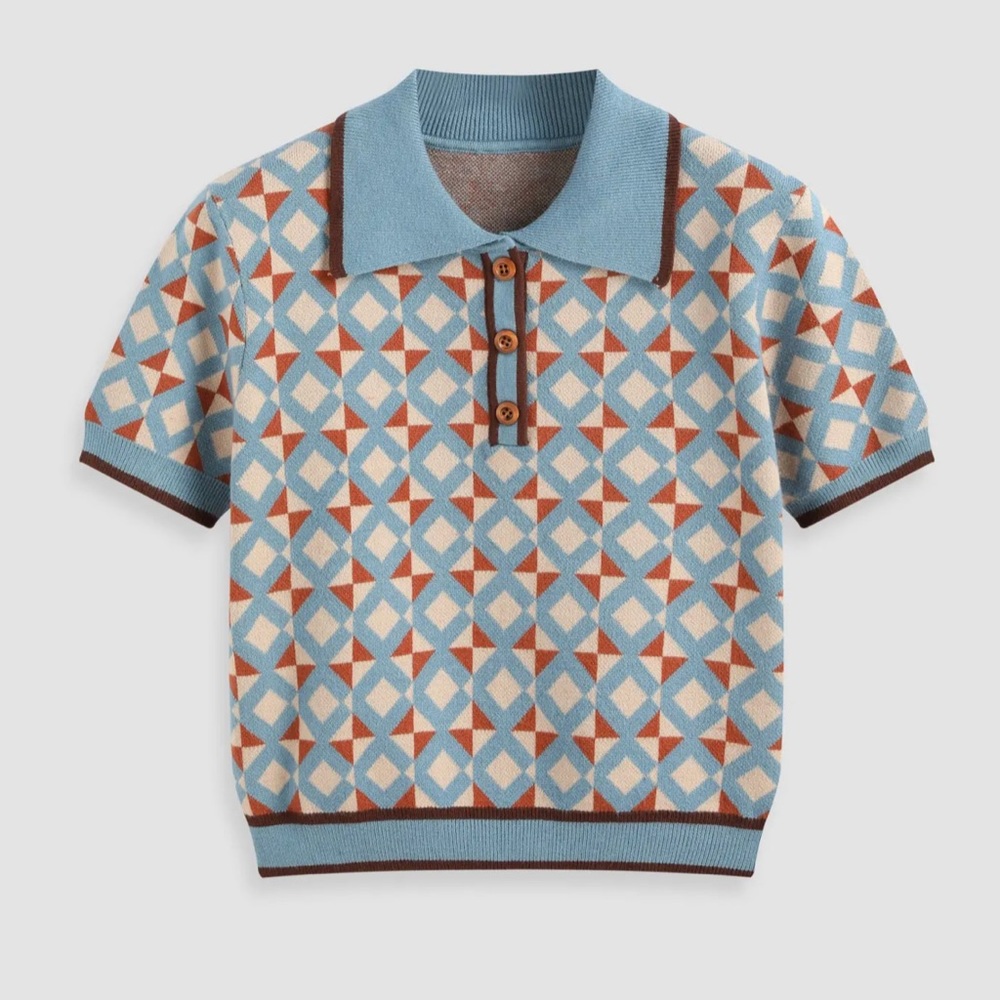 Cider knit collar button geometric short sleeve retro, vintage top M
